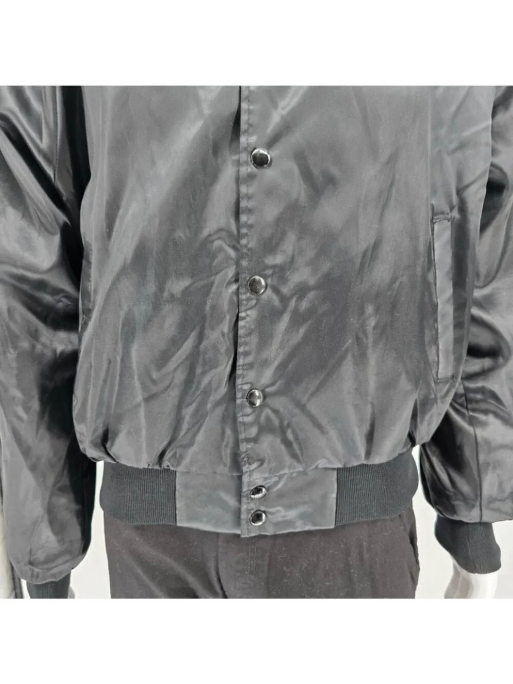 Vintage 1980s Rapco Cable Back Graphic Black Nylon Satin Bomber Jacket (L)